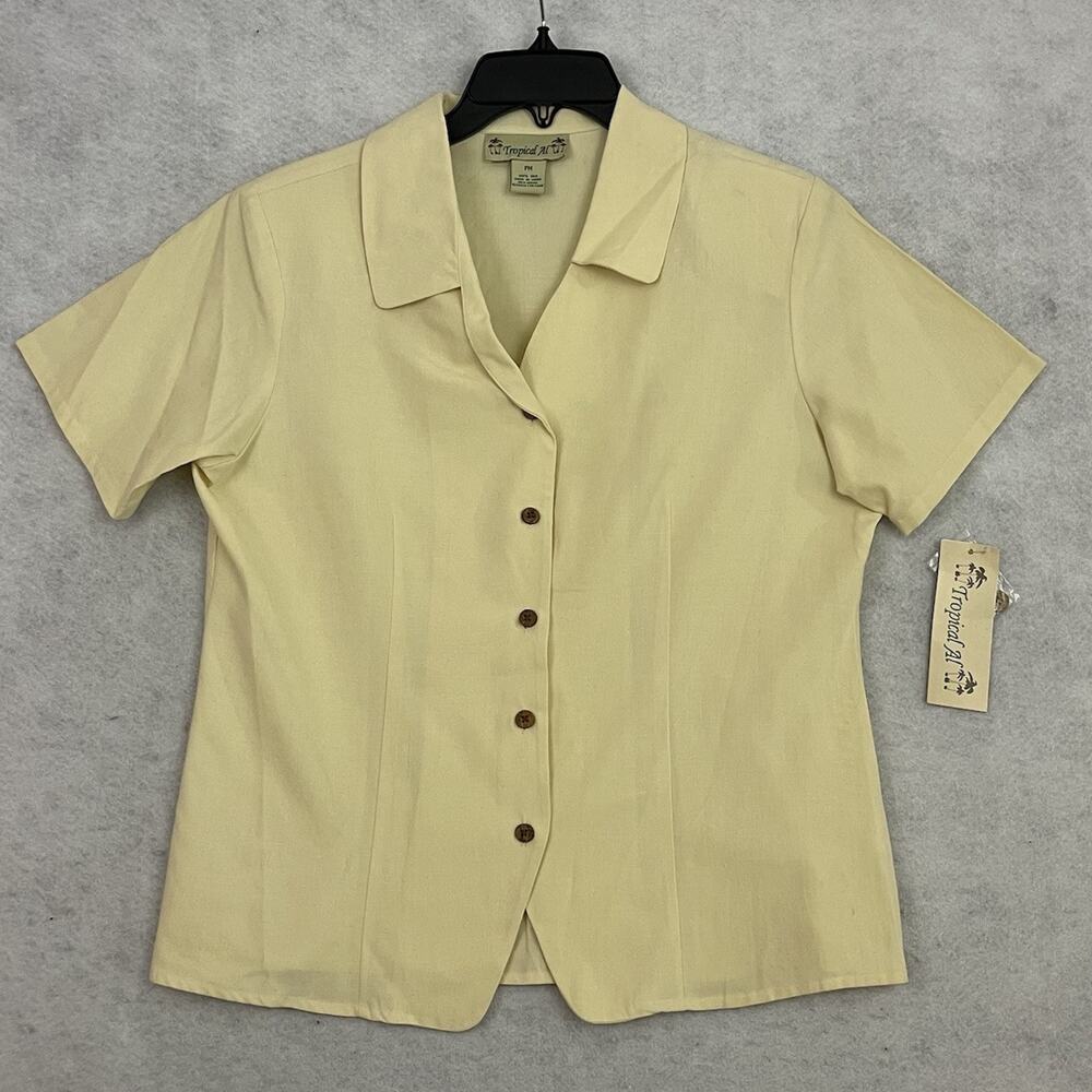 Tropical Al Silk Blouse Womens Medium Petite Yellow Vintage Short Sleeve NEW
